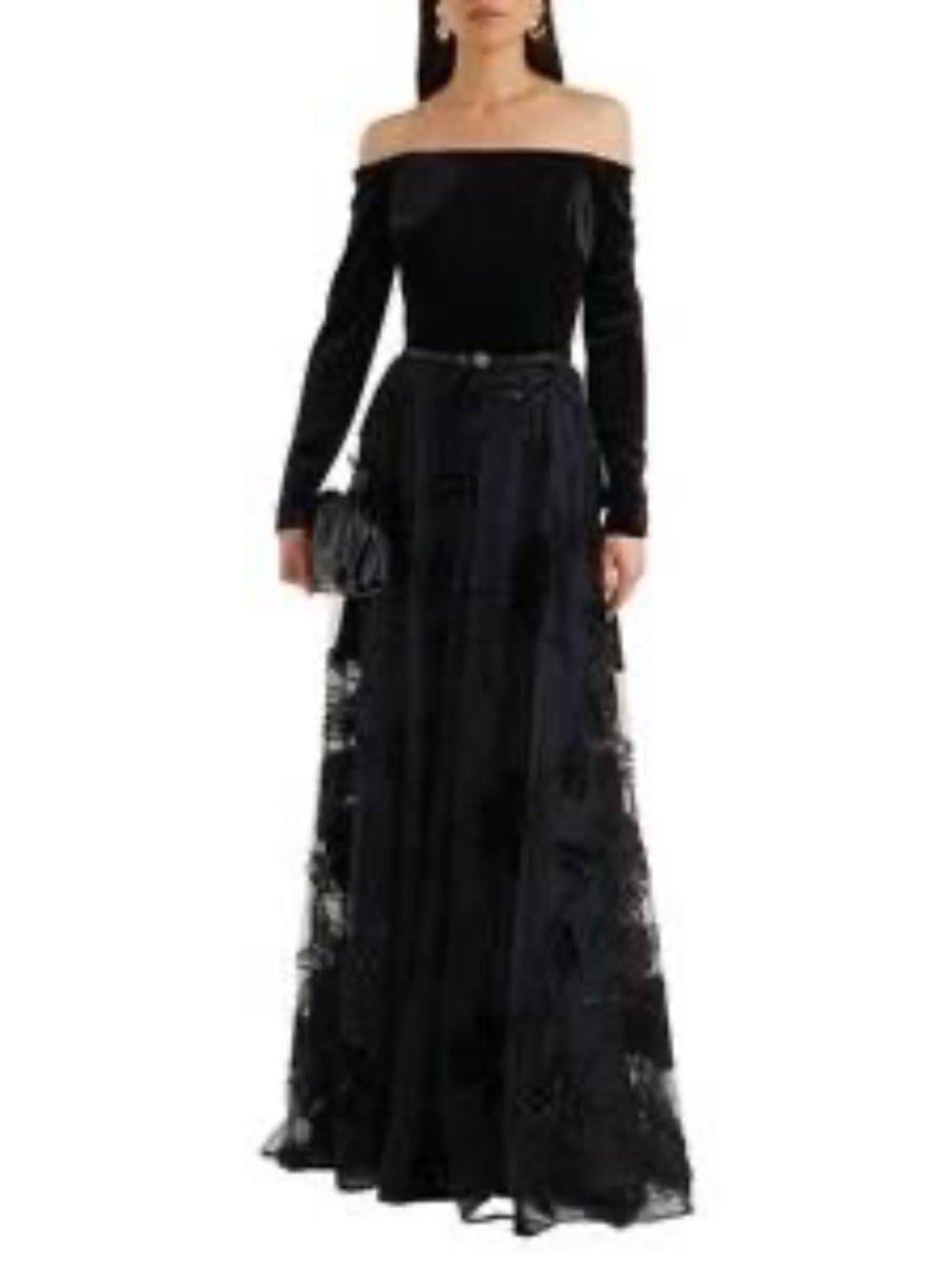 NEW ELIE SAAB velvet tulle embroidered long dress in black